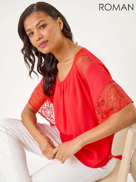 Roman Red Gathered Lace Insert Sleeve Blouse (W67412) | £36