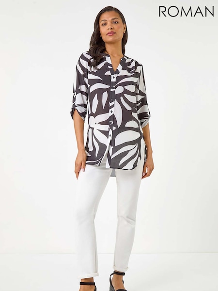 Roman Black Mono Print Button Front Blouse (W67419) | £42