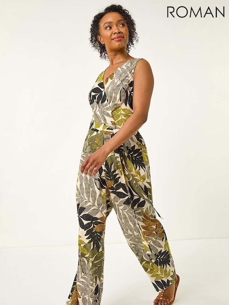 Roman Green Petite Leaf Print Wrap Jumpsuit (W67451) | £55