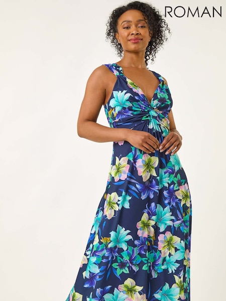 Roman Blue Petite Floral Print Twist Stretch Midi Dress (W67454) | £55