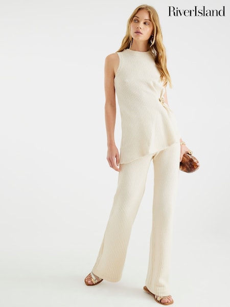 River Island Cream Textured Wide Leg Trousers (W67491) | £33