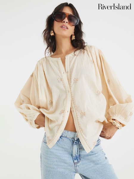 River Island Natural Long Sleeve Embroidered Blouse (W67495) | £42