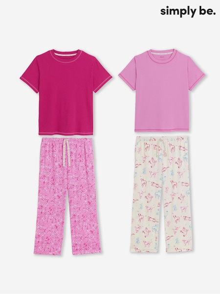 Simply Be Pink 2 Pack Ribbed T-Shirt Pyjamas Set (W67615) | £40