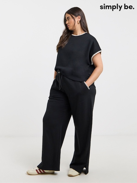Simply Be Black Wide Leg Blanket Stitch Joggers (W67619) | £30