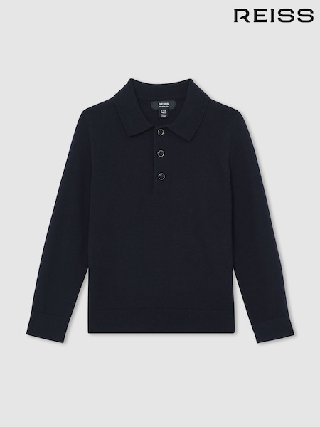 Reiss Navy Trafford Merino Wool Long-Sleeve Polo Shirt (W67646) | £42