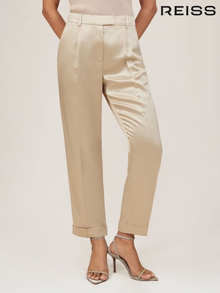 Reiss Neutral Celia Petite Satin Tapered Trousers (W67656) | £150
