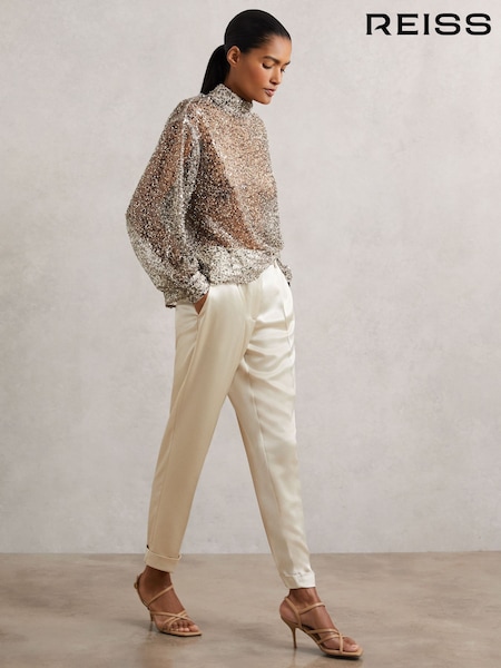 Reiss Neutral Celia Satin Tapered Trousers (W67657) | £150