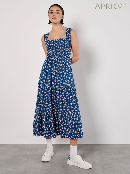 Apricot Blue Spaced Ditsy Smocked Tiered Dress (W67842) | £46