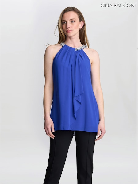 Gina Bacconi Blue Elle Halter Top With Beaded Neck (W68029) | £130