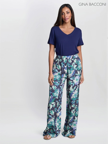Gina Bacconi Blue Quinn Satin Pull On Wide Leg Trousers (W68032) | £60