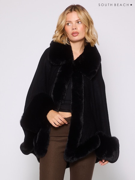South Beach Black Faux Fur Trim Shawl (W68043) | £62
