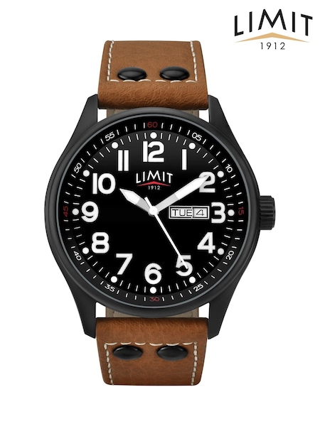 Limit Pilot 43mm Mens Round Black Analogue Watch with Tan Strap (W68296) | £30