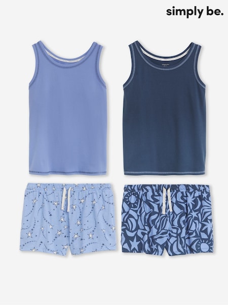 Simply Be Blue 2 Pack Ribbed Vest Pyjamas Set (W68378) | £36