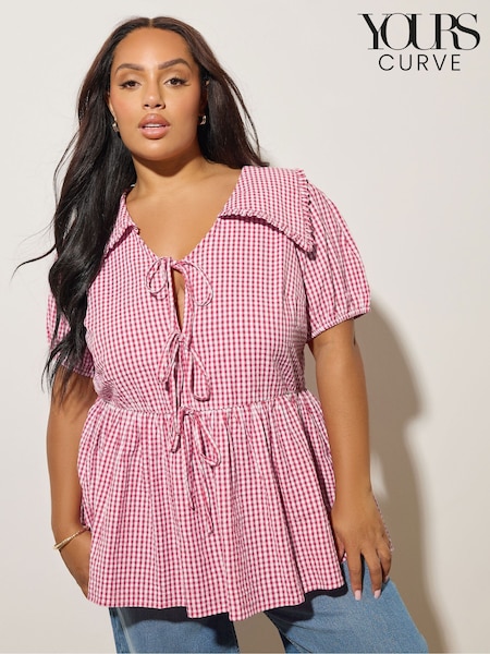Yours Curve Pink Gingham Collar Blouse (W68465) | £34
