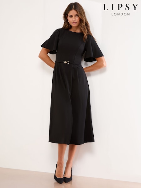 Lipsy Black Snaffle Trim Short Sleeve Fit and Flare Midi Dress (W68780) | £52