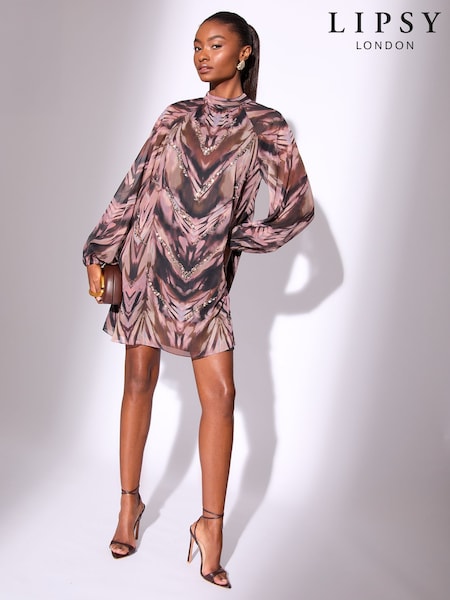 Lipsy Brown Mini Animal Zebra Print Sequin Long Sleeve Shift Dress (W68800) | £66
