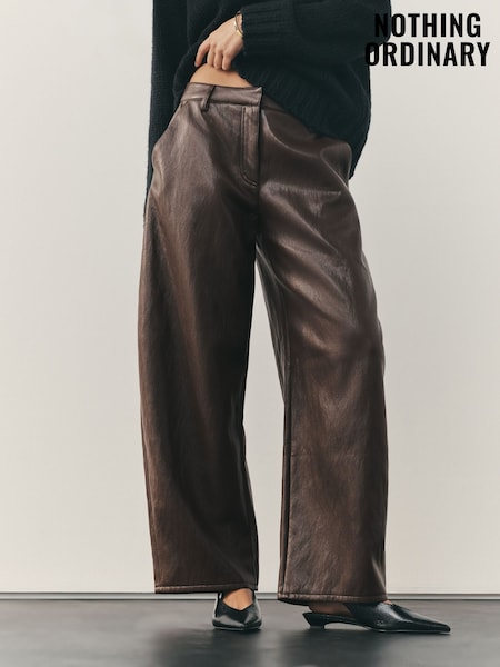 Nothing Ordinary Chocolate Brown Faux Leather Barrel Leg Trousers (W68995) | £99