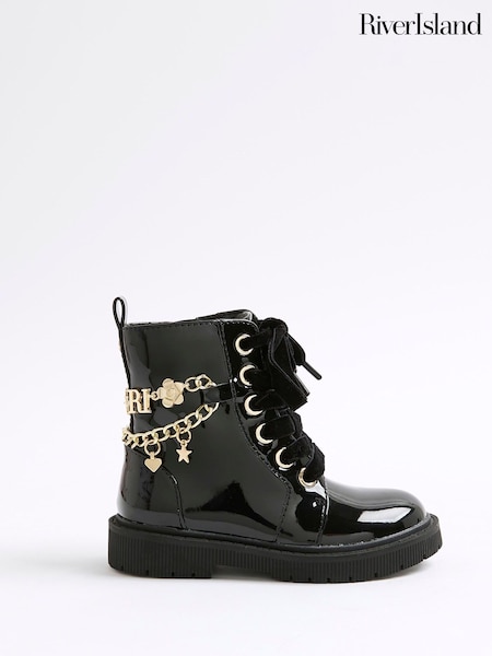 River Island Black Charm Chain Lace Up Boots (W69034) | £32