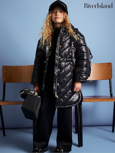 River Island Black Girls Padded Longline Jacket (W69078) | £36
