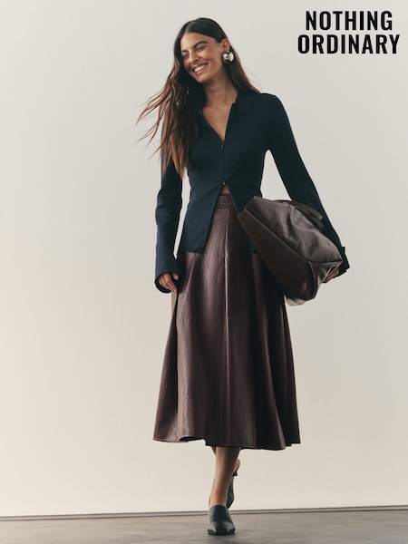 Nothing Ordinary Chocolate Brown PU Wrap Midi Kilt Skirt (W69094) | £89