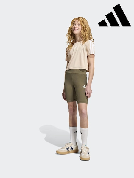 adidas Brown Train Essentials 3-Stripes T-Shirt and Bike Short Set Kids (W69126) | £25