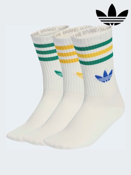 adidas Originals White/Green Crew 3-Stripes Crew Socks 3 Pairs (W69228) | £13