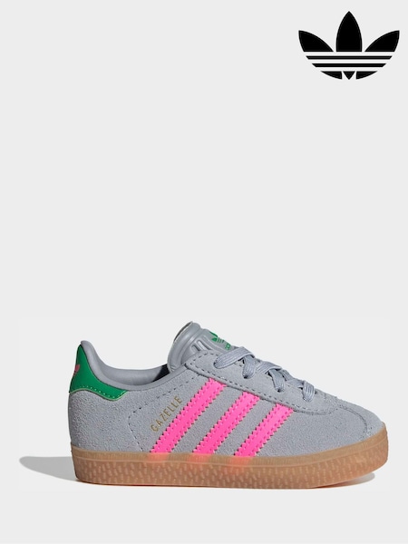 adidas Originals Grey/Pink Gazelle Comfort Closure Elastic Laces Infant Trainers (W69407) | £40