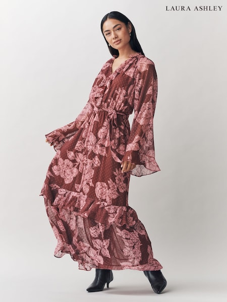Laura Ashley Pink Pollington Roses Floral Chiffon Dobby Ruffle Maxi Dress (W69433) | £76