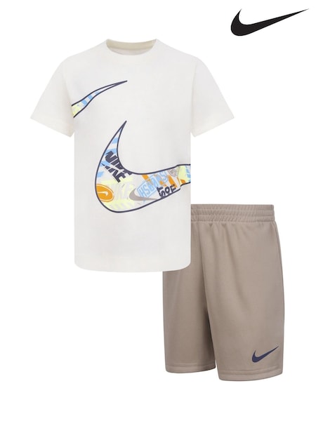 Nike White and Khaki Little Kids Wild Air Mesh T-Shirt and Shorts Set (W69459) | £0