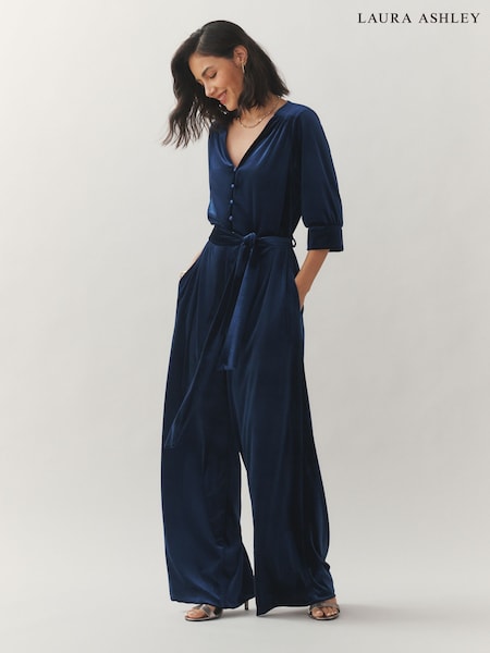 Laura Ashley Navy Velvet Elasticated Waist Wide Leg Party Jumpsuit (W69538) | £89