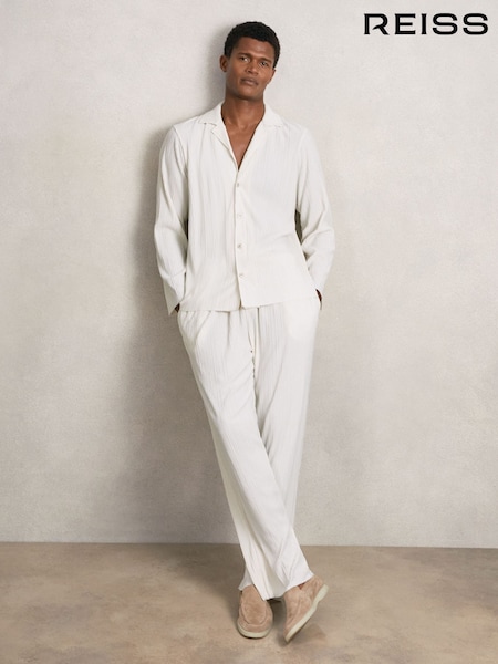 Reiss Off White Aubry Plissé Cuban-Collar Long-Sleeve Shirt (W69555) | £110