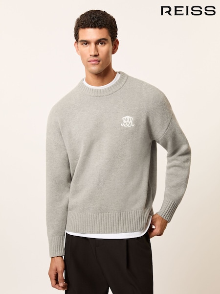Reiss Grey Melange Archibald Monogram Embroidered Wool Jumper (W69566) | £138