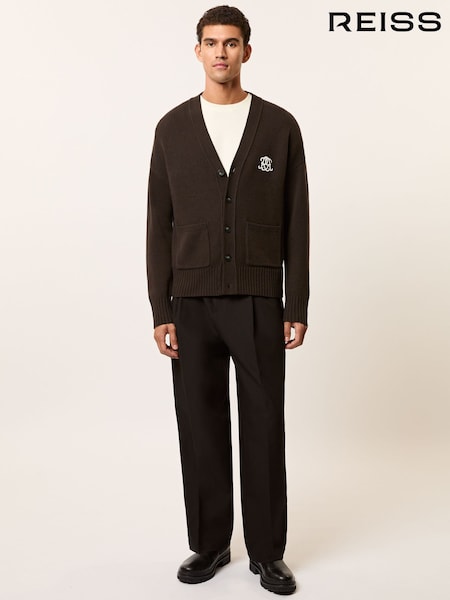 Reiss Brown Norris Monogram Embroidered Wool Cardigan (W69571) | £148