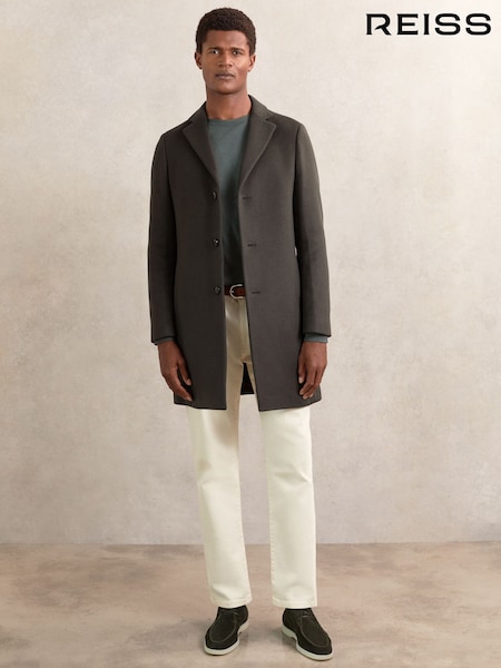 Reiss Dark Khaki Green Gable Wool-Blend Single-Breasted Overcoat (W69574) | £328