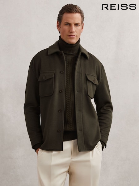 Reiss Khaki Green Liam Wool-Blend Twin-Pocket Overshirt (W69576) | £178