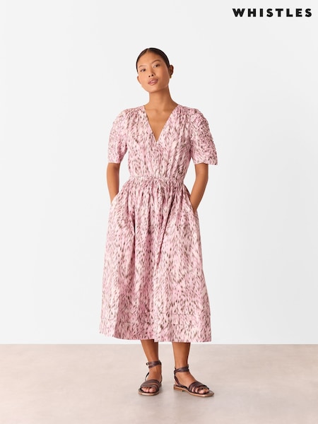 Whistles Pink Petite Leopard Print Cotton Midi Dress (W69740) | £159