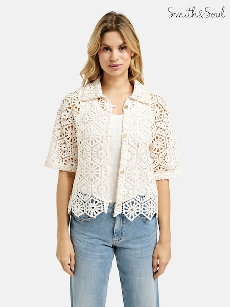 Smith & Soul Cream Crochet Half Sleeve Shirt (W69801) | £105