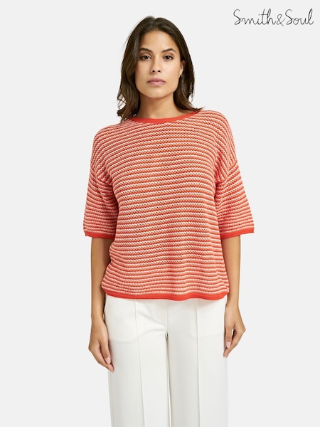 Smith & Soul Orange Striped Half Sleeve Crochet Pullover Jumper (W69802) | £75