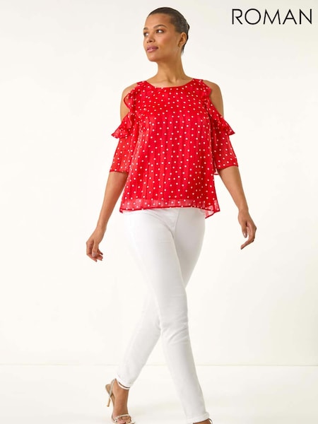 Roman Red Spot Print Frill Cold Shoulder Blouse (W69848) | £40