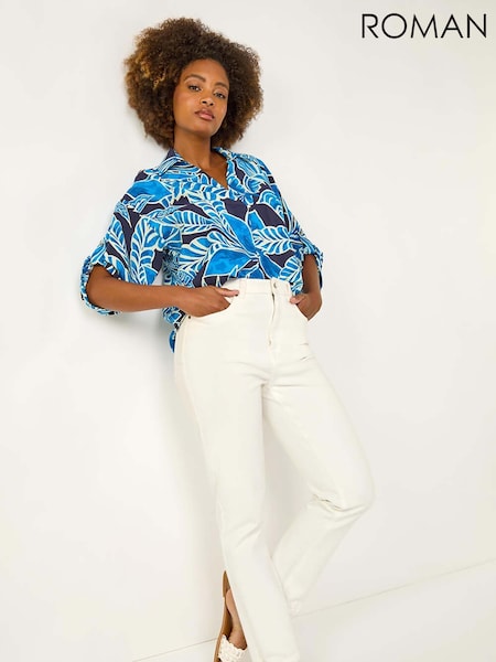 Roman Blue Leaf Print Pleated Collared Blouse (W69862) | £42