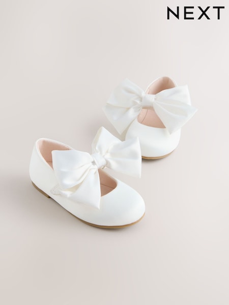 White Wide Fit (G) Bow Satin Flower Occasion Mary Jane Shoes (W70138) | £19 - £22