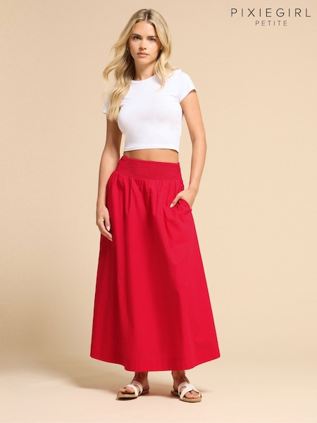 PixieGirl Petite Red Poplin Shirred Midi Skirt (W70147) | £29