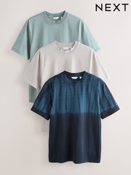 Grey Tie Dye/Green/Stone Regular Fit Heavyweight T-Shirts 3 Pack (W70178) | £50