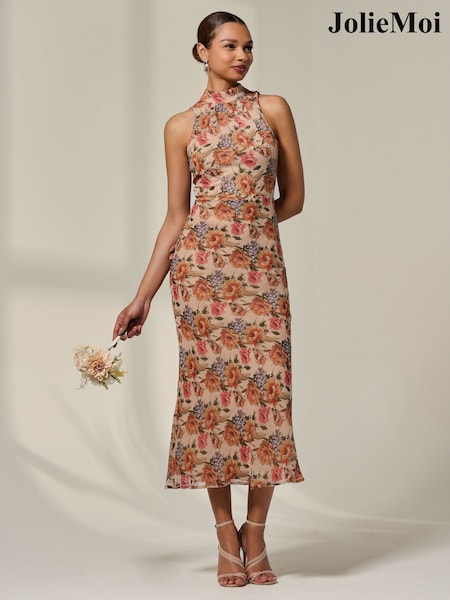 Jolie Moi Natural Chiffon Halterneck Printed Midaxi Dress (W70238) | £72