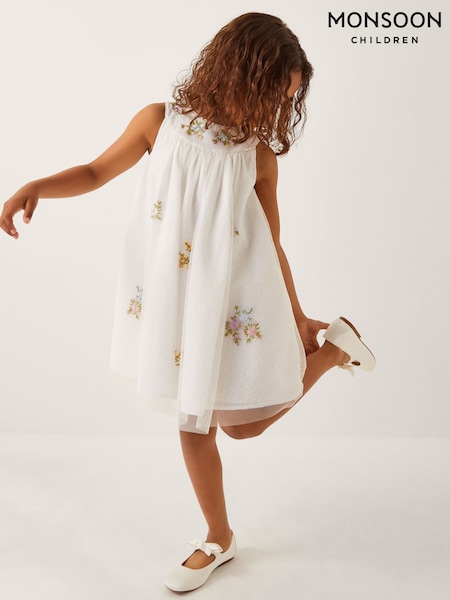 Monsoon Natural Aria Sleeveless Floral Print Broderie Dress (W70381) | £48 - £58