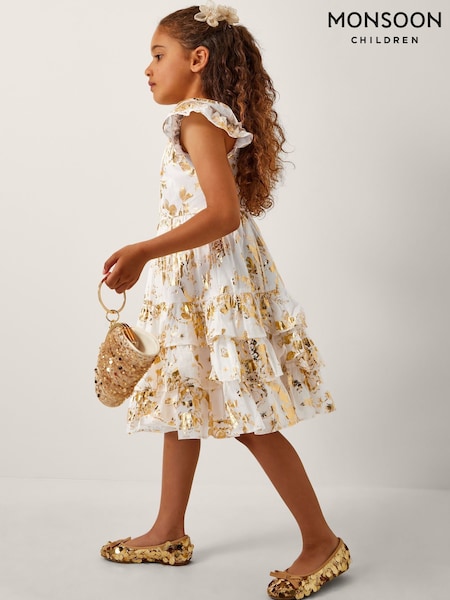 Monsoon Natural Foil Floral Print Tiered Dress (W70383) | £40 - £44