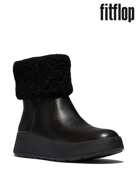 FitFlop F-Mode Shearling Collar Zip Up Leather Ankle Black Boots (W70513) | £180