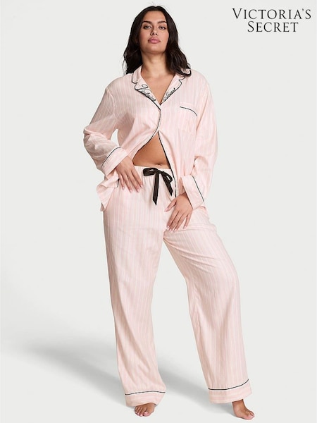 Victoria's Secret Pretty Blossom Pink Stripe Collar Embroidery Flannel Long Pyjamas Set (W71711) | £60