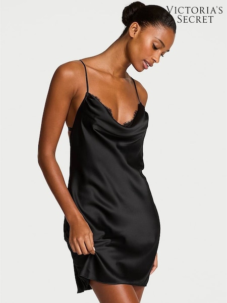 Victoria's Secret Black Satin Lace Trim Draped Slip Dress (W71765) | £69