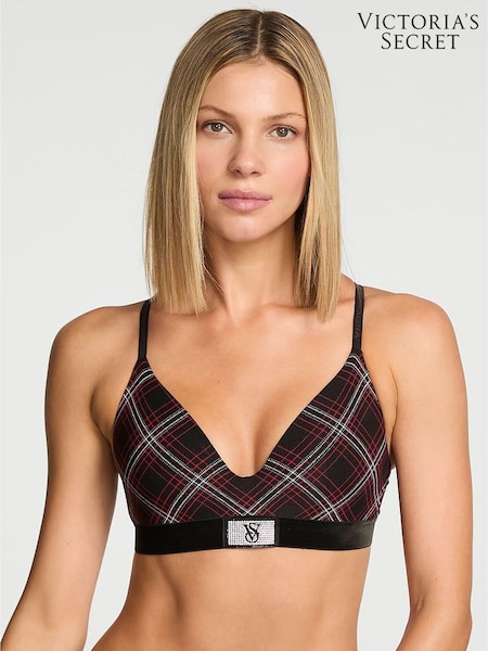 Victoria's Secret Black Tartan Non Wired Lightly Lined Logo Shine Patch Velvet Bra (W71789) | £40